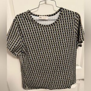 Tory Burch Navy and White Geometric Short Sleeve Top
